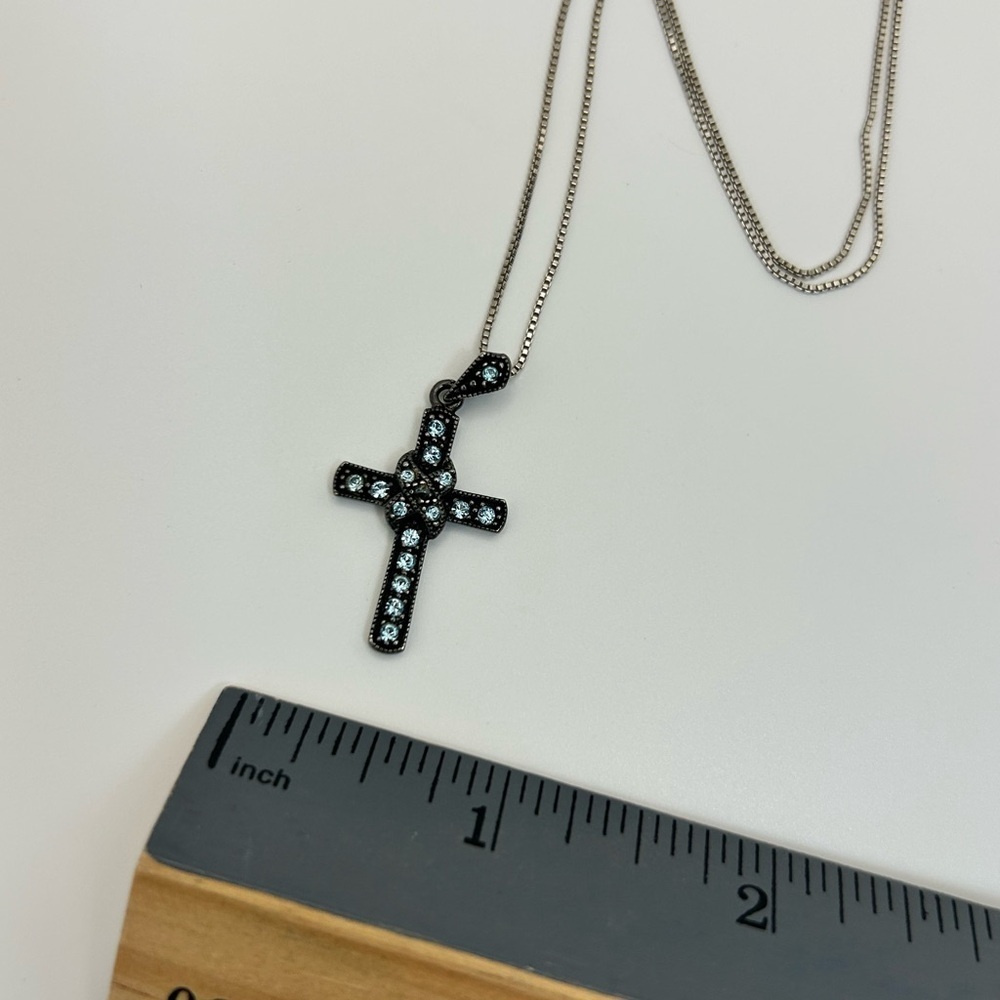 925 Silver Thai Cross Pendant Necklace Black with Blue Crystals Chain PGDA Italy - Picture 10 of 15
